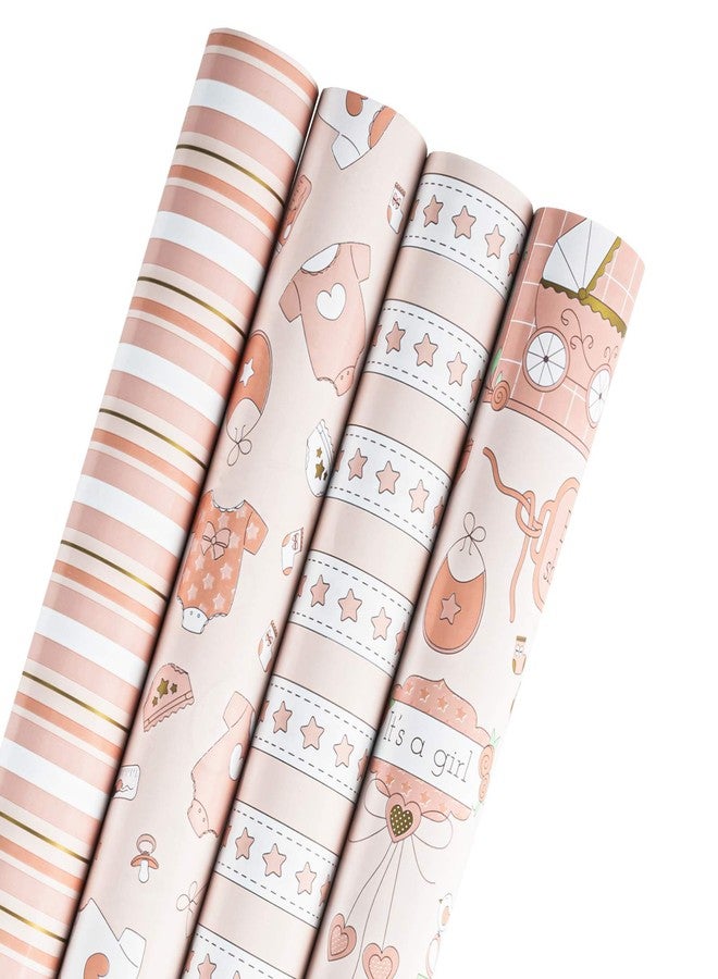WRAPAHOLIC 30 Inch Baby Girl Wrapping Paper - Jumbo Roll Cute Pink Baby Girl Design Perfect for Baby Shower, Birthday, New Born Present Packing - 4 Rolls - 30 Inch X 120 Inch Per Roll - Image 1